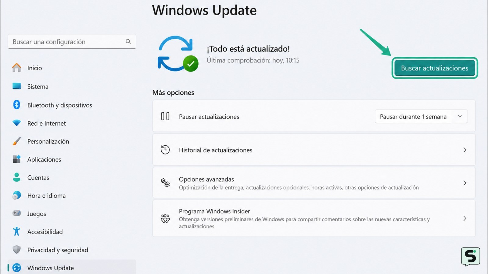 Pantalla de Configuración de Windows Update con el botón Buscar actualizaciones