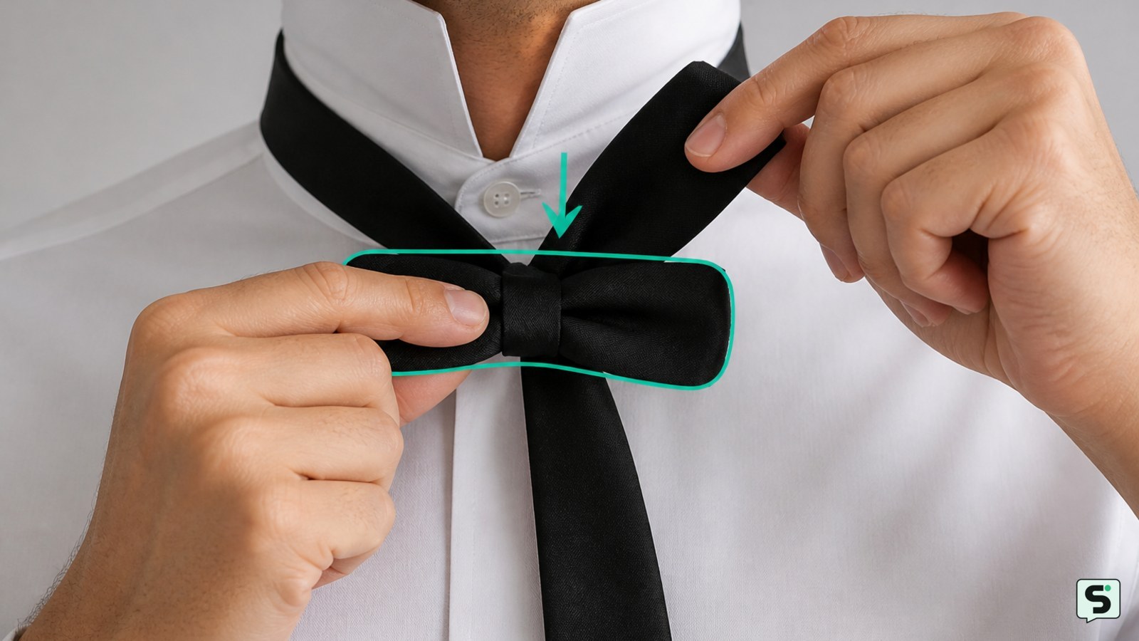 Manos formando la primera lazada de una pajarita alrededor del cuello de una camisa