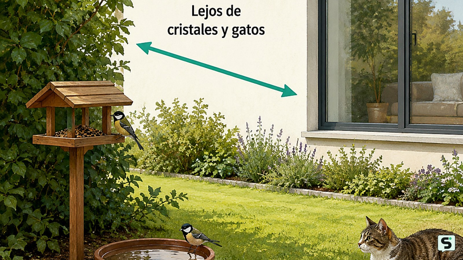 Ubicación segura de un comedero y un bebedero alejados de una ventana y protegidos por vegetación