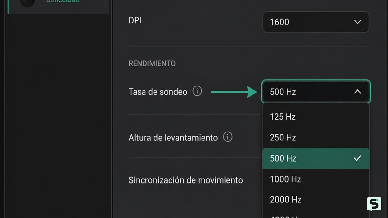 Selector de tasa de sondeo dentro del programa de configuración de un mouse