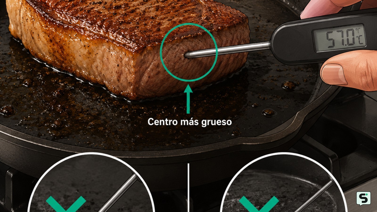 Termómetro insertado por el costado en el centro de una tira de Nueva York