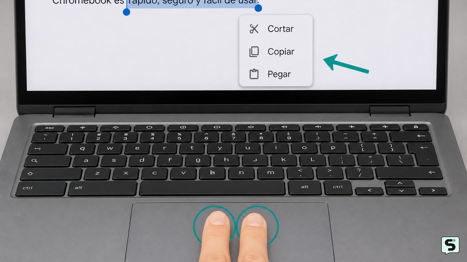 Menú contextual abierto en una Chromebook junto a un fragmento de texto seleccionado