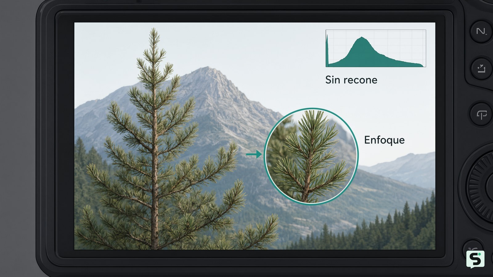 Pantalla de cámara con una fotografía revisada, histograma sin recorte y sujeto nítido al ampliar