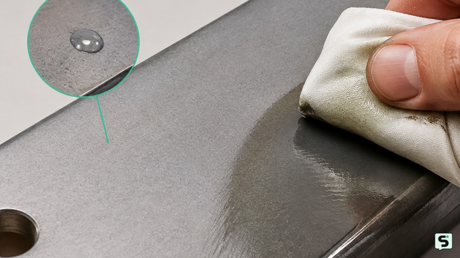 Metal limpio y seco después de quitar el óxido, con una fina capa de aceite protector aplicada con un paño