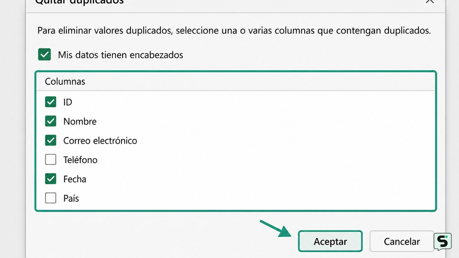 Ventana Quitar duplicados de Excel con encabezados y columnas seleccionadas