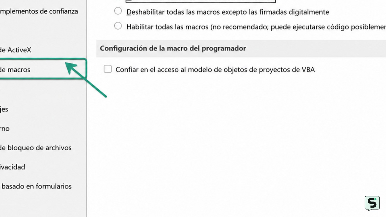 Cuadro Centro de confianza de Excel para Windows con Configuración de macros seleccionada.