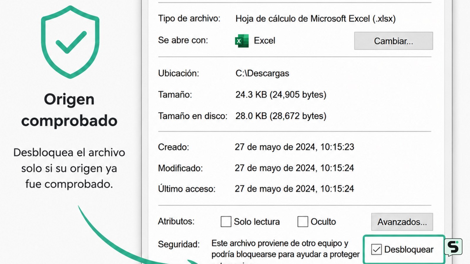 Ventana Propiedades de Windows para un libro de Excel con la opción Desbloquear destacada.