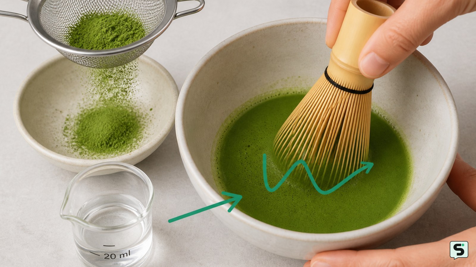 Matcha tamizado en un cuenco mientras se bate con un chasen