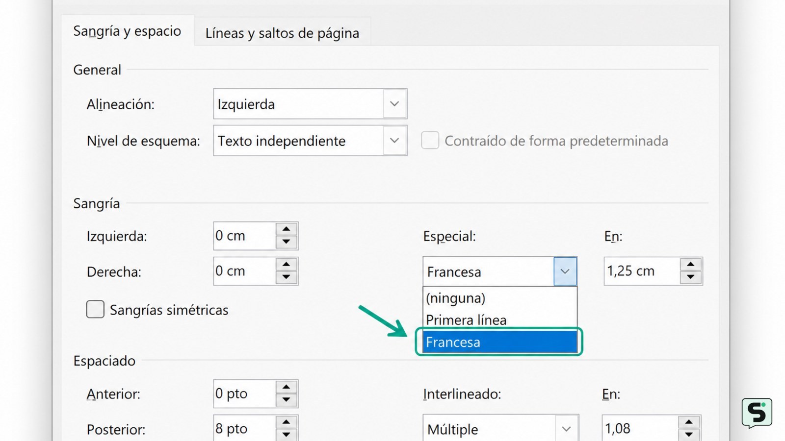 Cuadro Párrafo de Word con la opción Especial configurada como Francesa