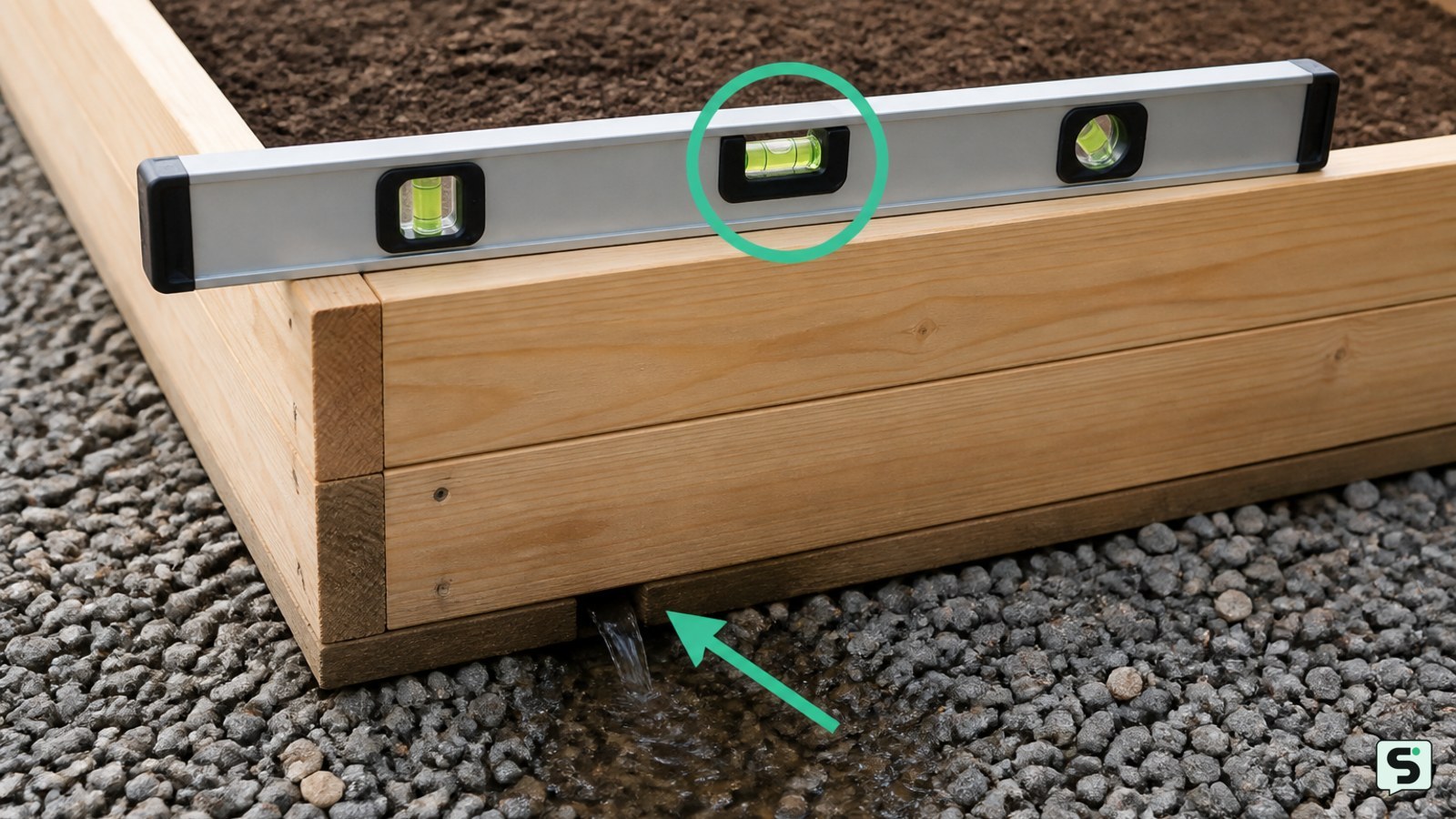 Nivel colocado sobre el borde de una cama de jardín elevada mientras el agua sale por la base