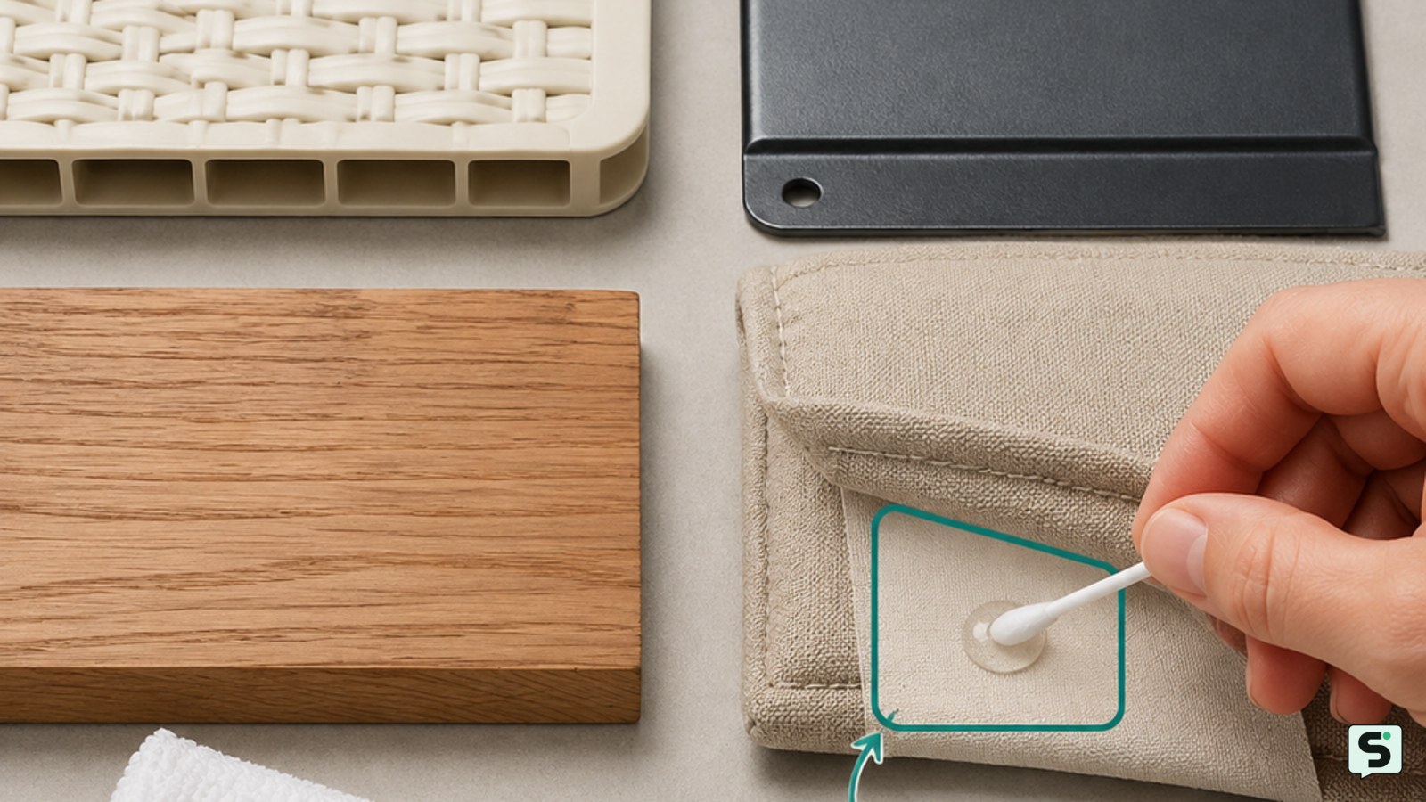 Muestras de resina, metal, madera y textil junto a herramientas de limpieza suaves
