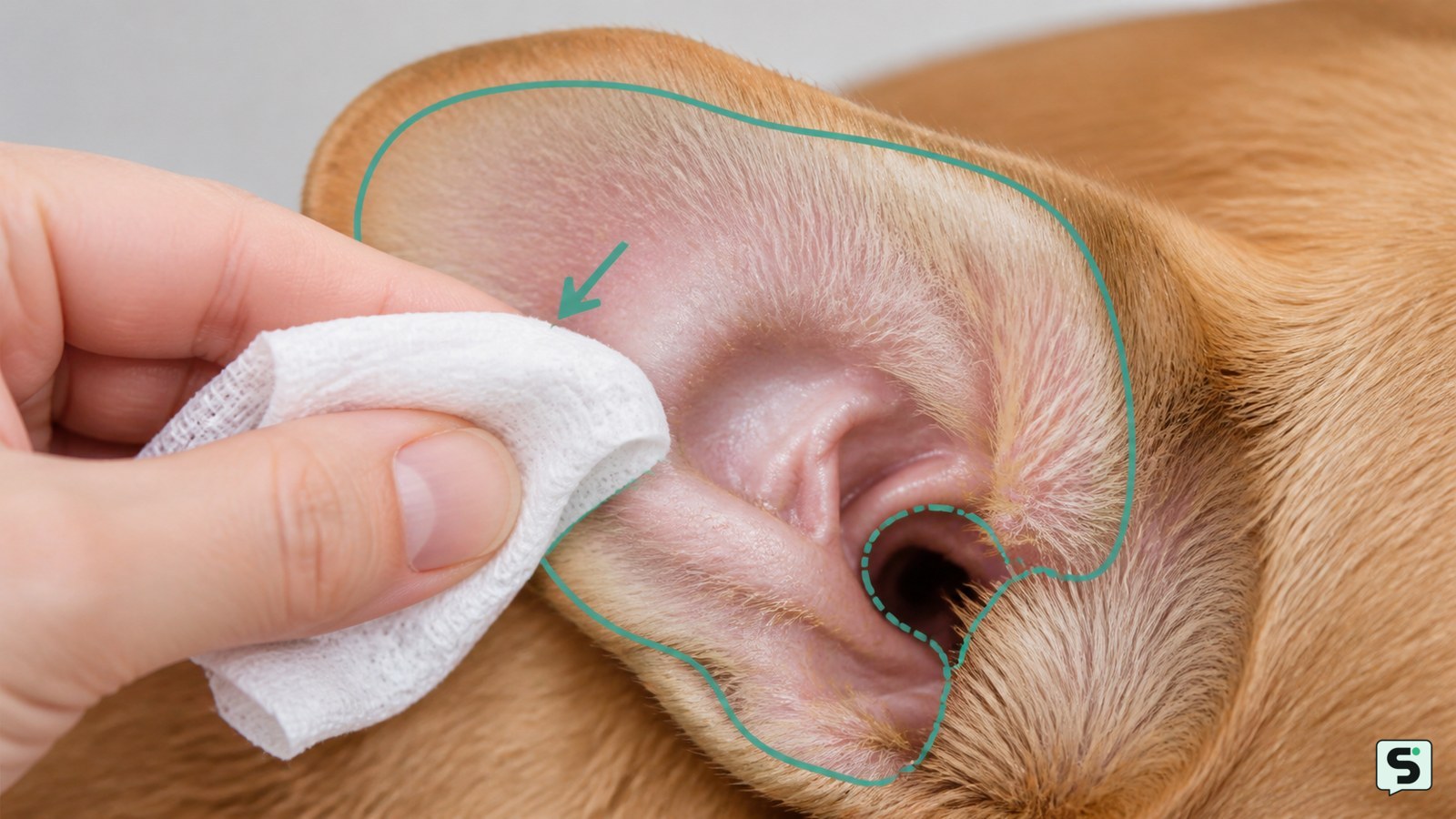 Detalle de una oreja de perro donde una gasa limpia los pliegues externos sin entrar en el canal