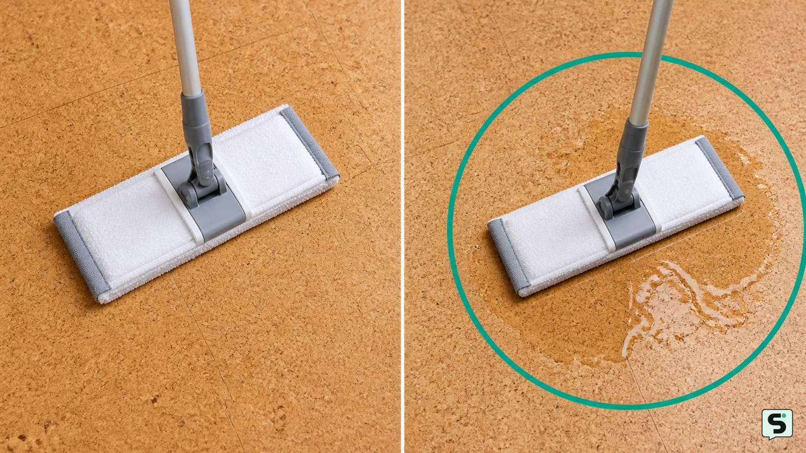 Comparación entre una mopa bien escurrida y exceso de agua sobre suelo de corcho