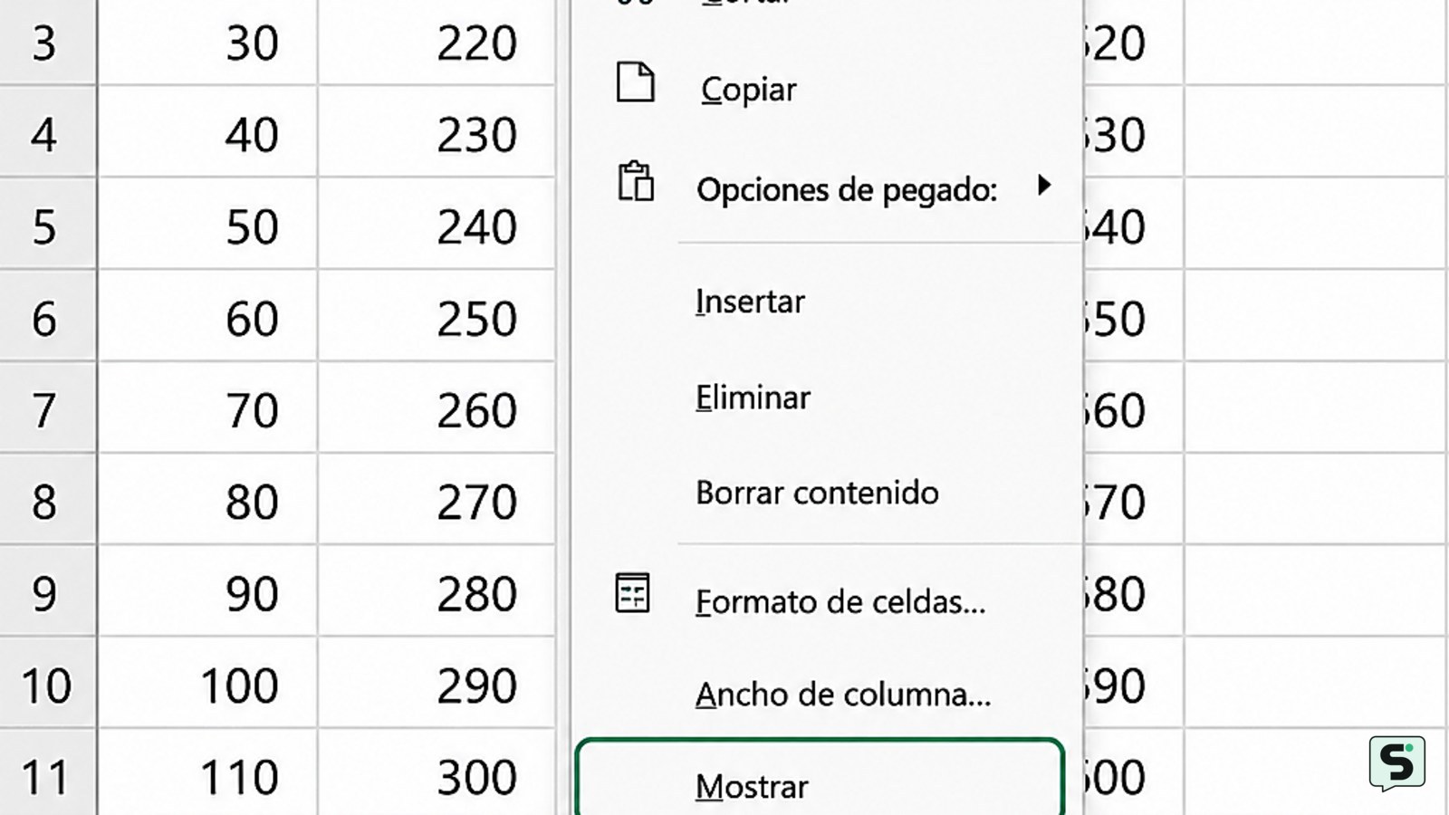 Encabezados B y E seleccionados en Excel con el menú contextual abierto y la opción Mostrar visible
