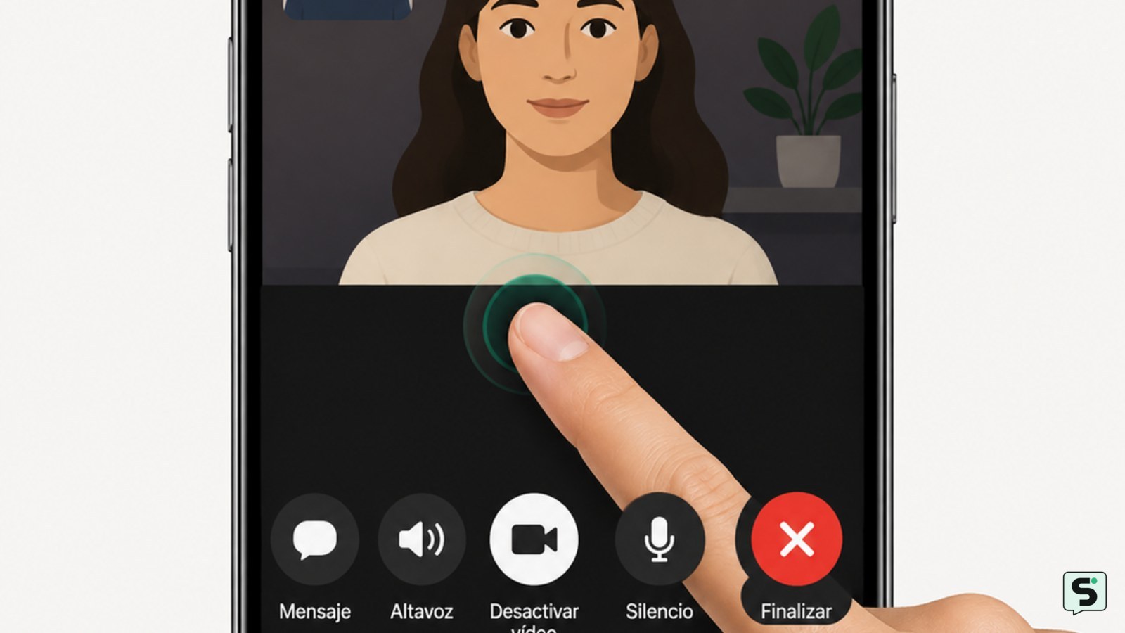 Ilustración de un iPhone con los controles de llamada visibles y el botón de cámara señalado