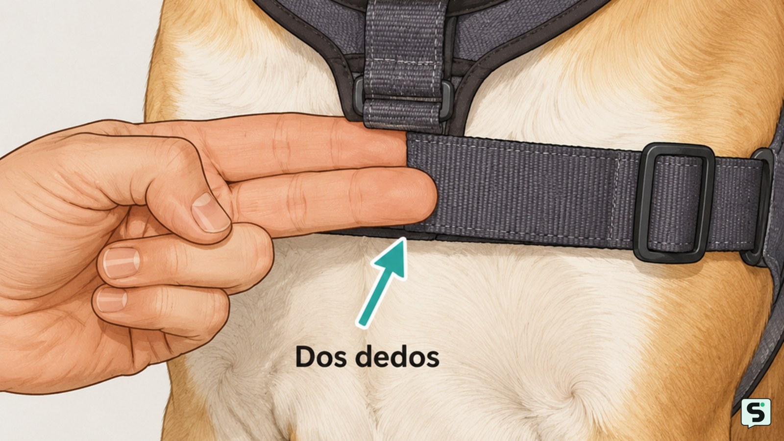 Mano comprobando con dos dedos el espacio entre la correa del arnés y el pecho del perro