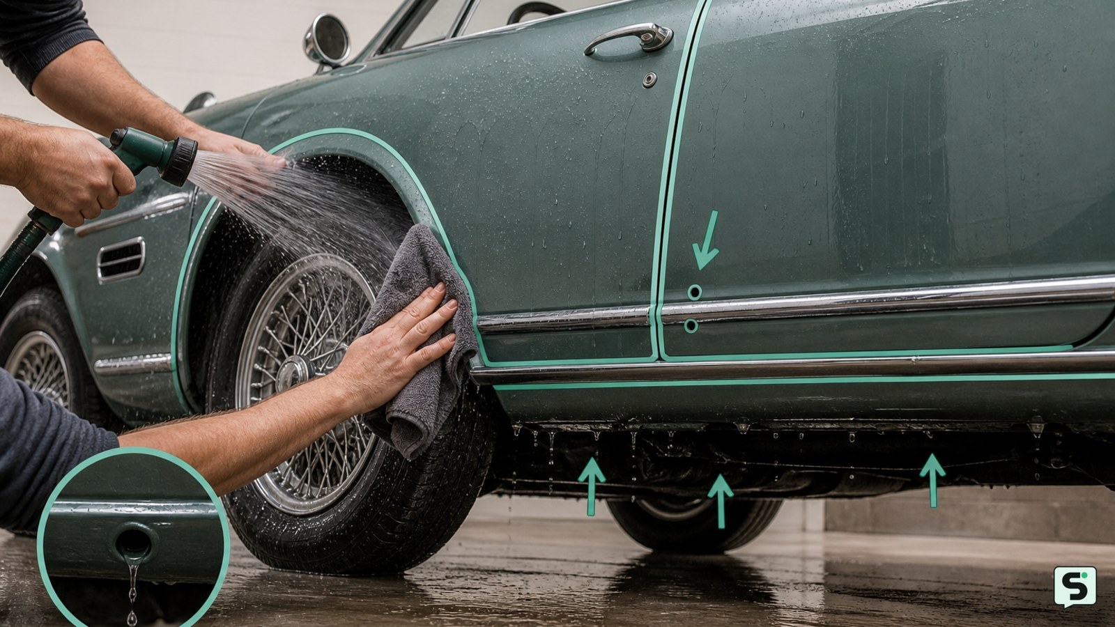 Zonas de un coche clásico que deben limpiarse y secarse para prevenir óxido