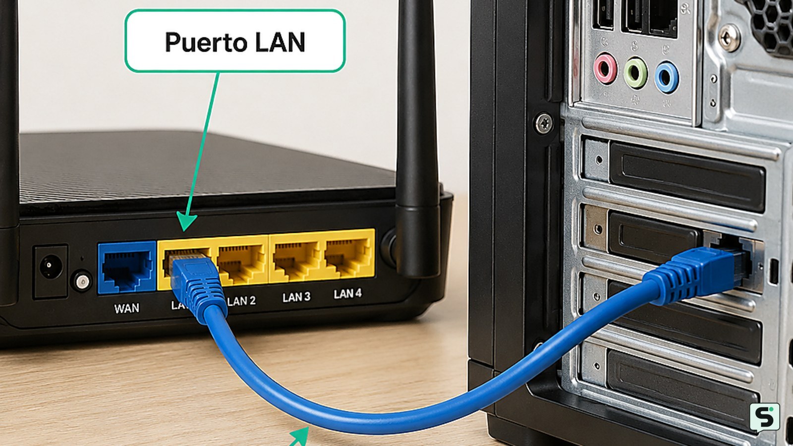 Cable Ethernet conectado a un puerto LAN del router y al puerto de red de un ordenador