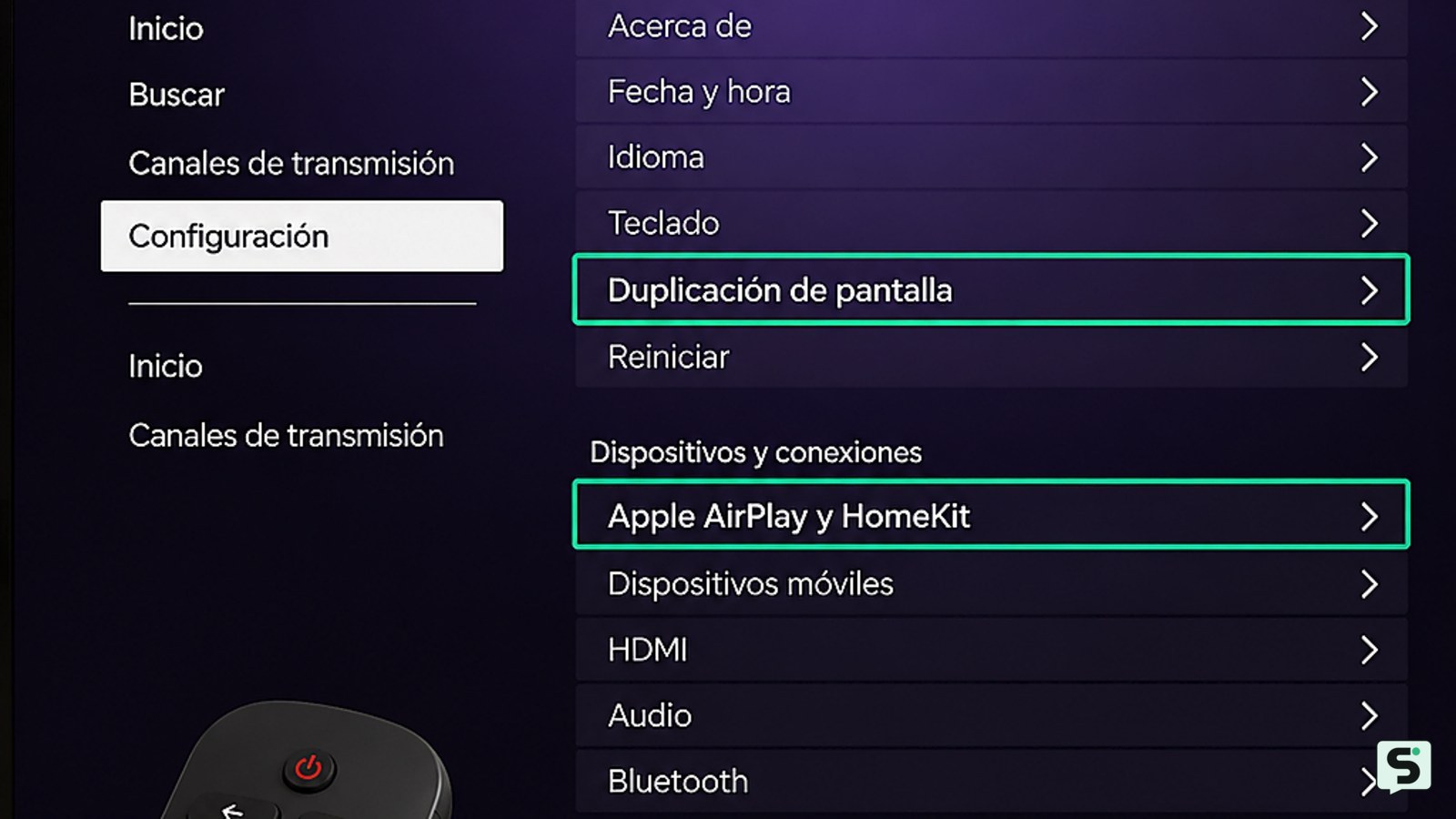 Menú de configuración de Roku con las opciones Duplicación de pantalla y Apple AirPlay y HomeKit resaltadas