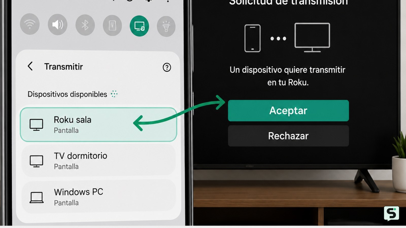 Panel de transmisión de un dispositivo con el Roku visible como destino seleccionado