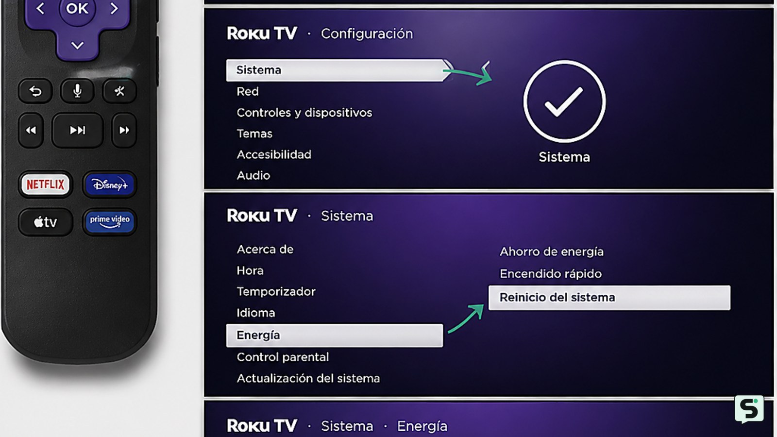 Menú Sistema de Roku TV con la opción Reinicio del sistema resaltada