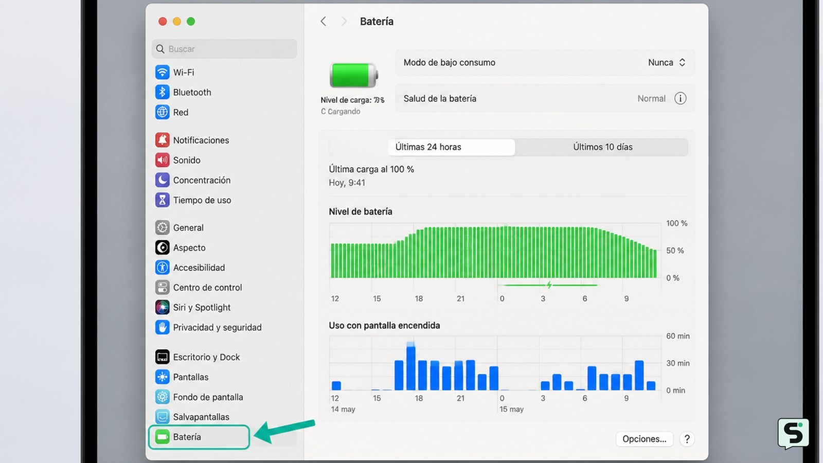Panel Batería de Ajustes del Sistema en macOS