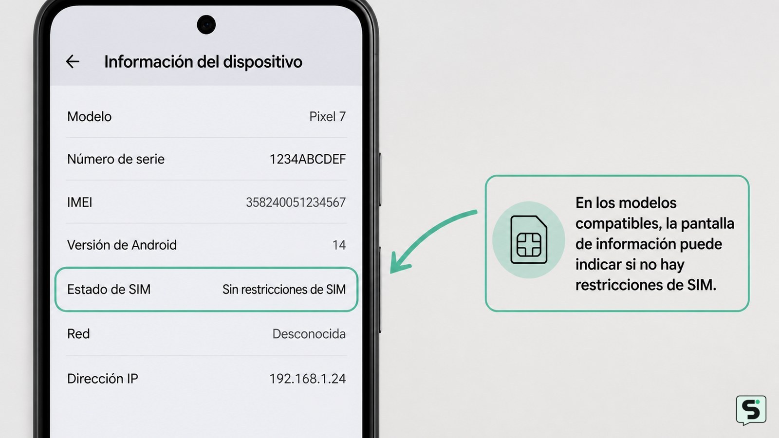 Pantalla de información de un teléfono donde aparece el estado Sin restricciones de SIM