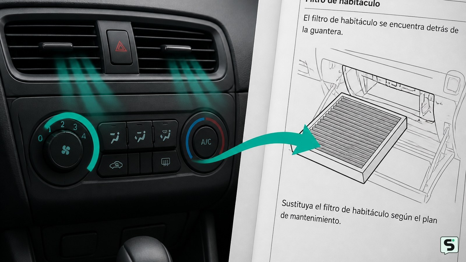 Salidas de aire del coche con ventilación activada y filtro de habitáculo identificado según el manual