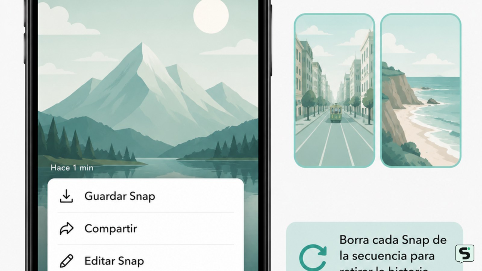 Ilustración de un Snap abierto con la opción Eliminar señalada y varios indicadores de elementos en la historia.