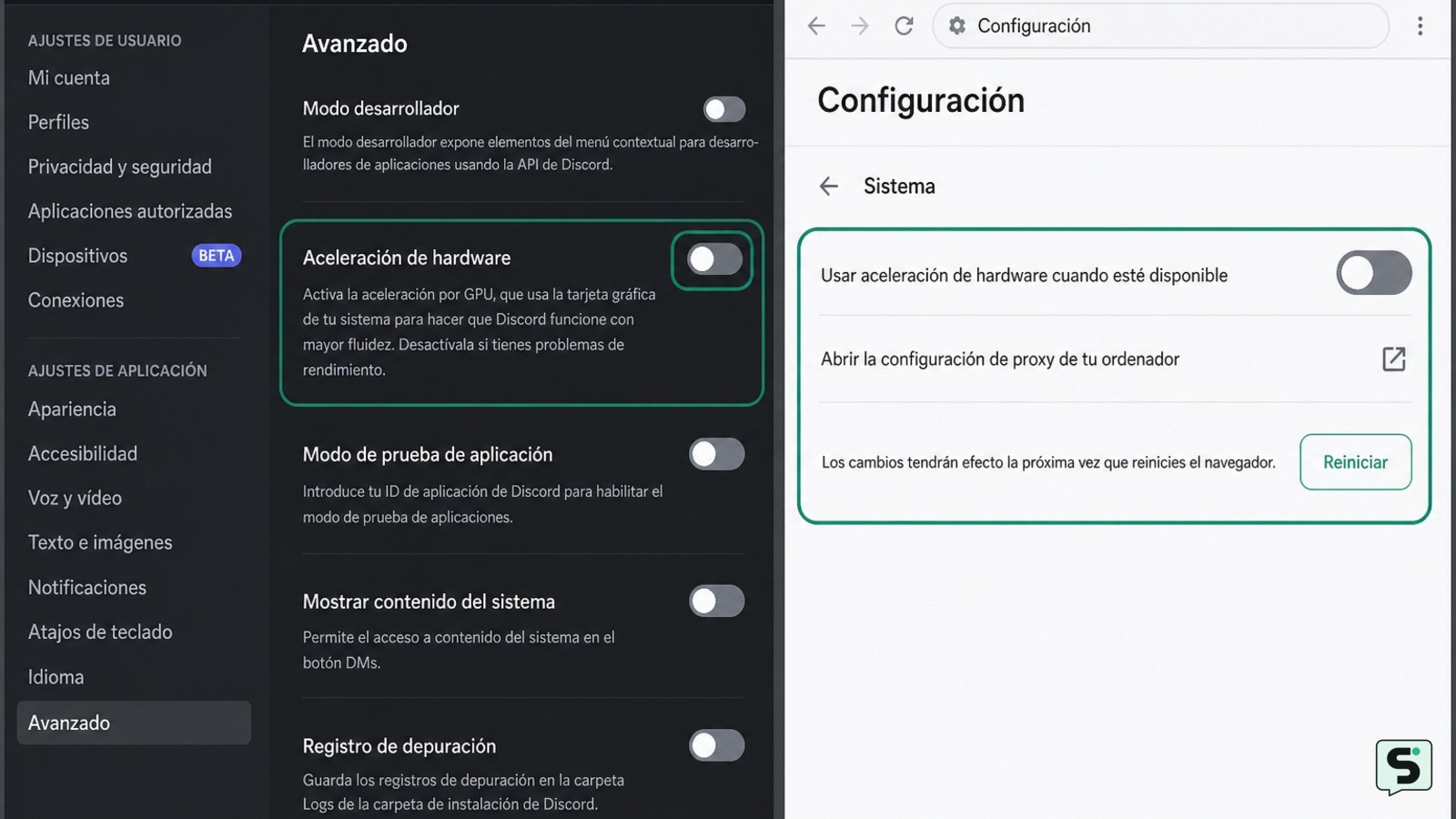 Ajuste de aceleración de hardware desactivado en los controles de una aplicación de escritorio