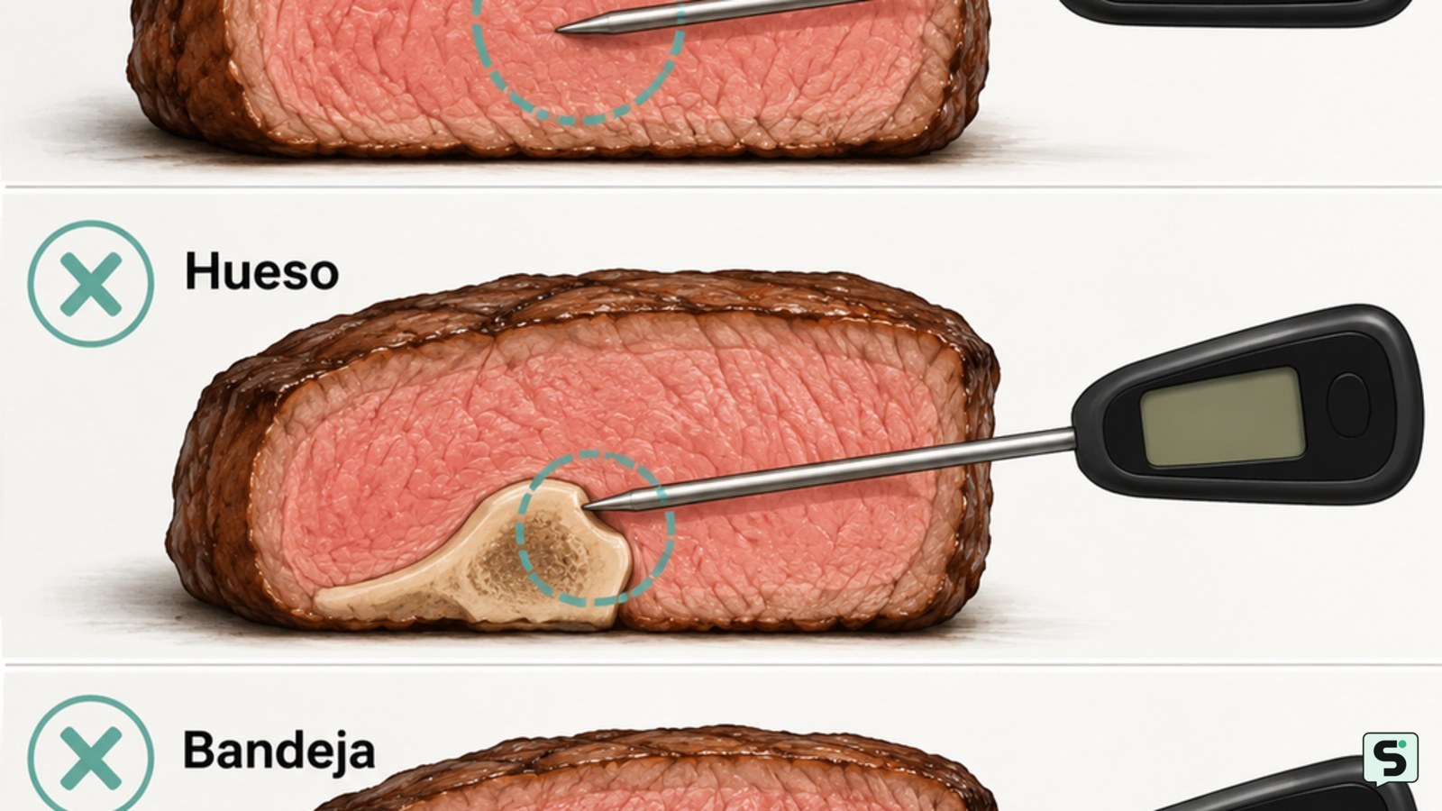 Comparación de colocación correcta e incorrecta de la sonda en carne