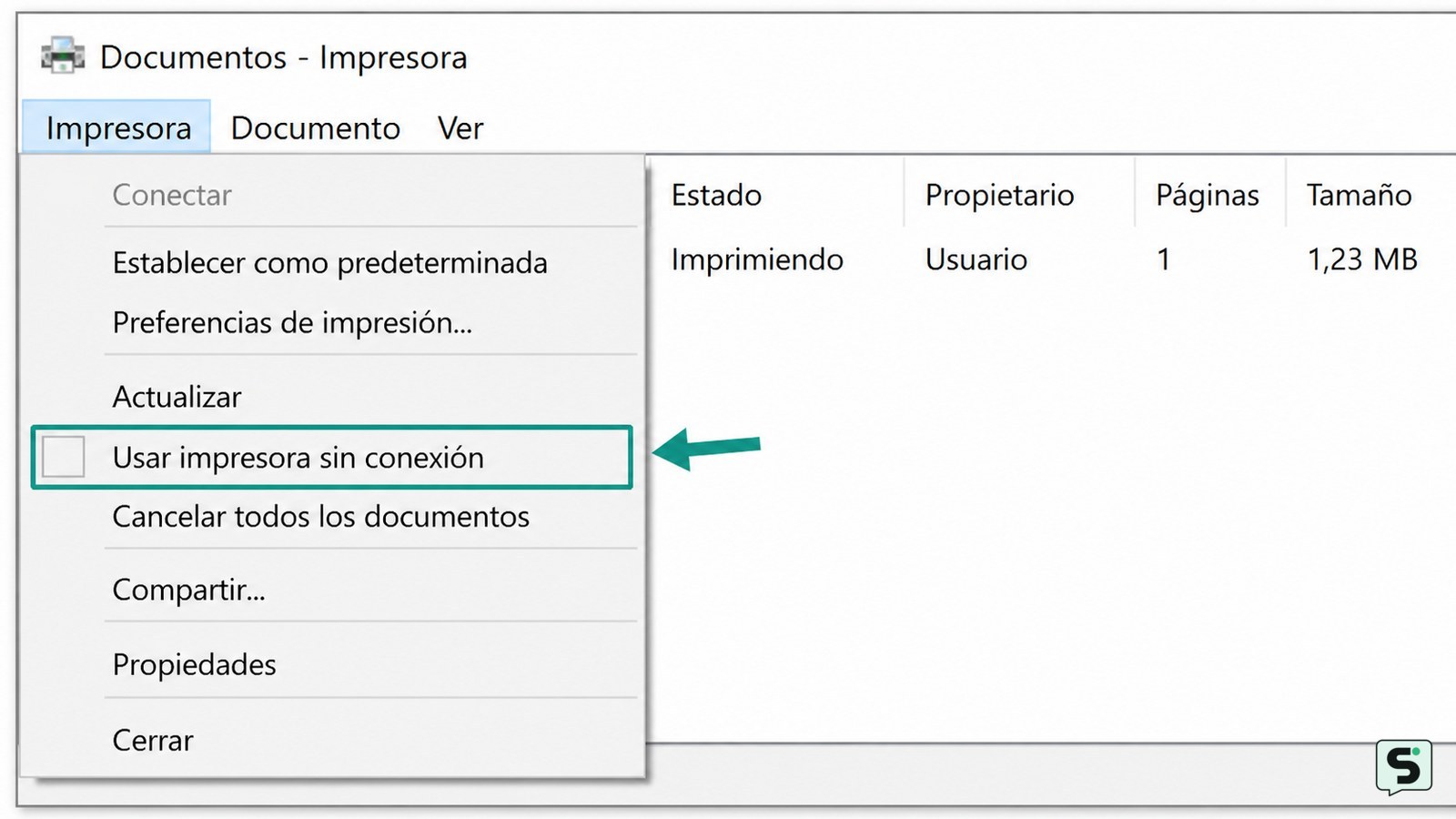 Menú de la cola de impresión de Windows con la opción Usar impresora sin conexión desactivada