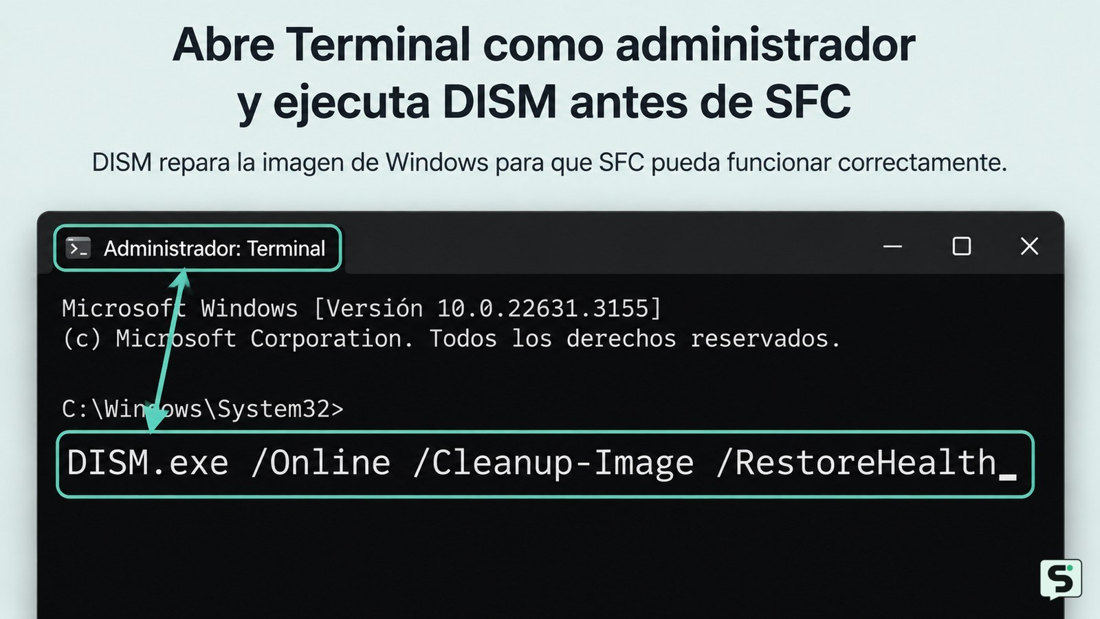 Terminal de Windows abierta como administrador con el comando DISM de reparación preparado