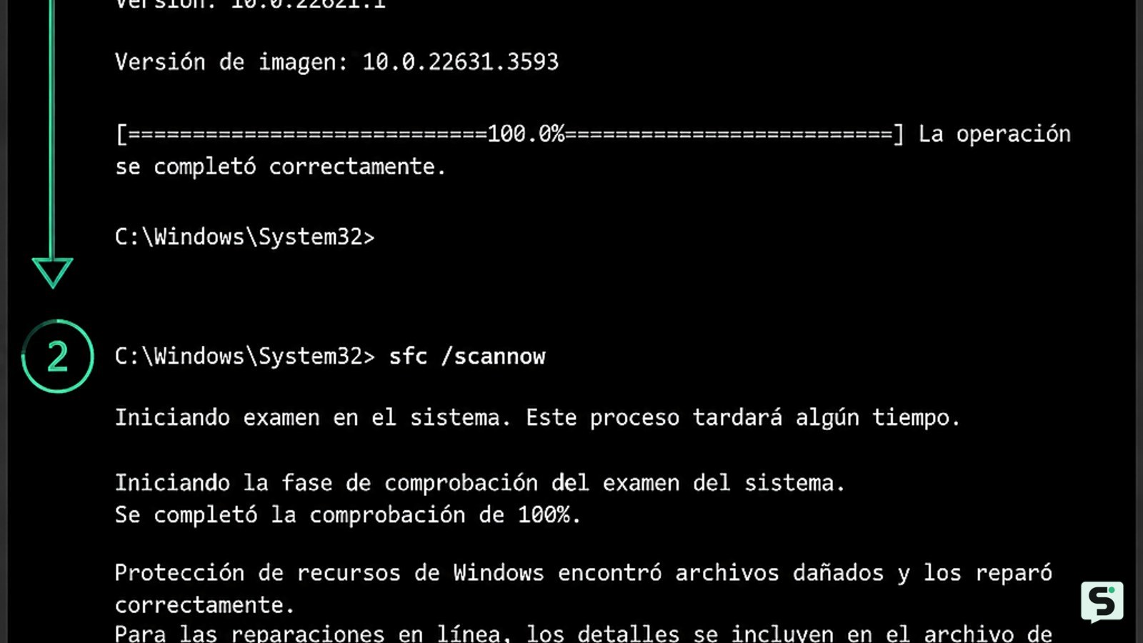 Terminal de Windows ejecutando primero DISM y después SFC como administrador