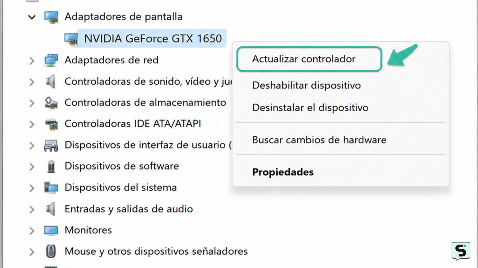 Administrador de dispositivos de Windows con un dispositivo seleccionado y la opción Actualizar controlador