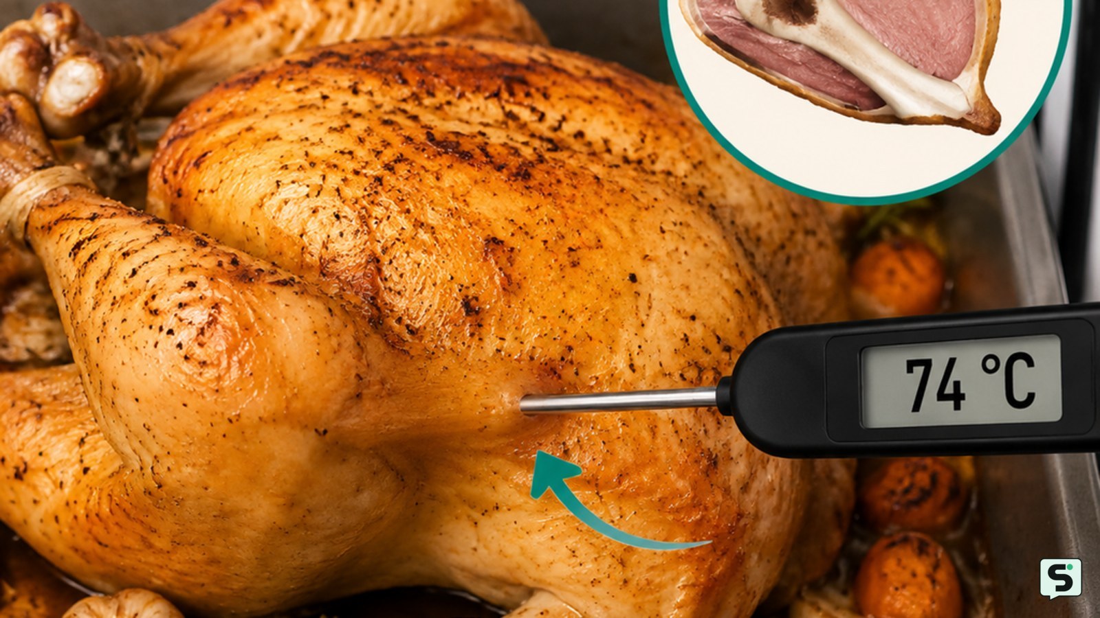 Termómetro de cocina introducido en la parte más gruesa del muslo del pollo