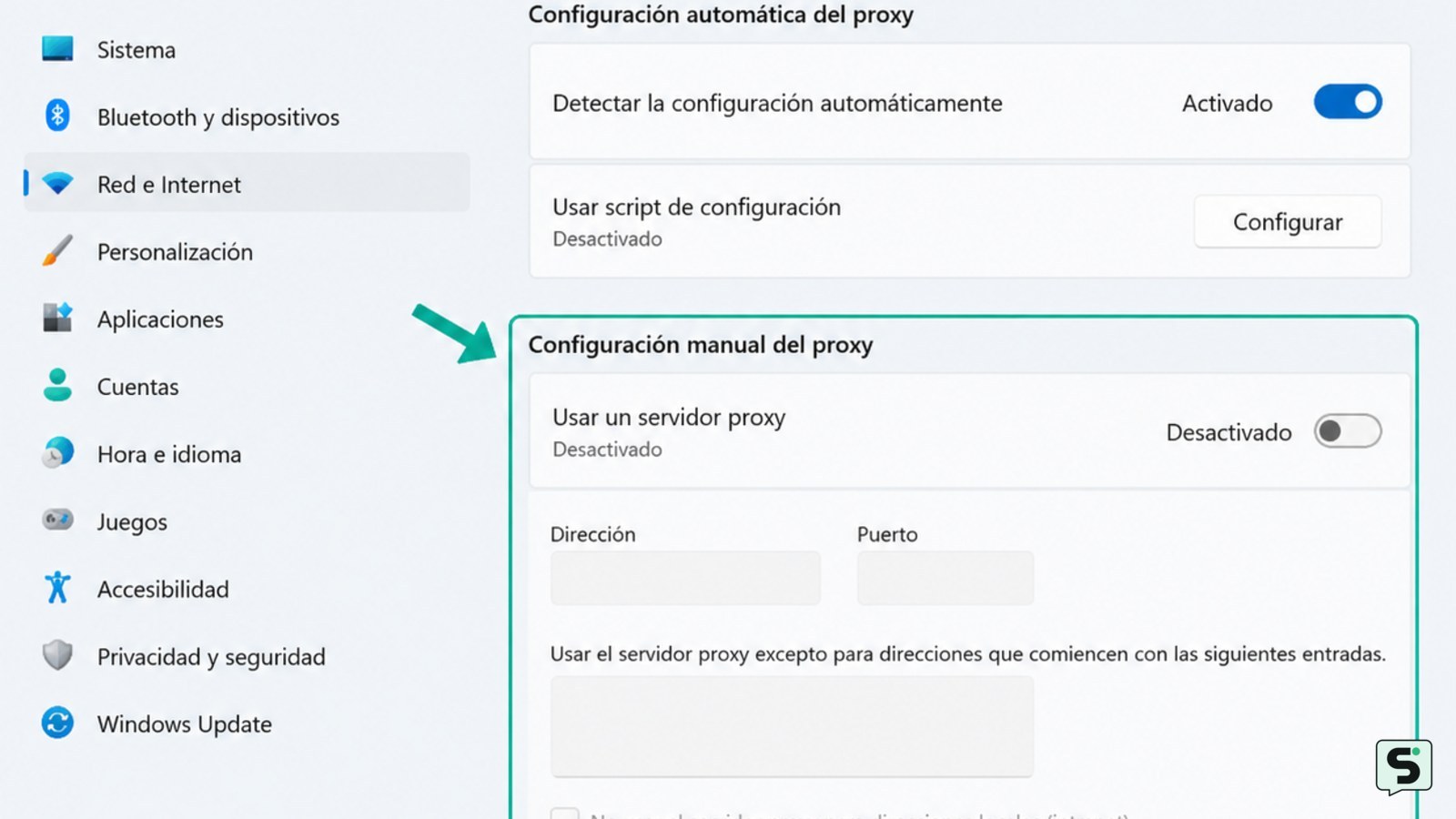 Configuración de Windows mostrando las opciones de Red e Internet y Proxy con la conexión activa