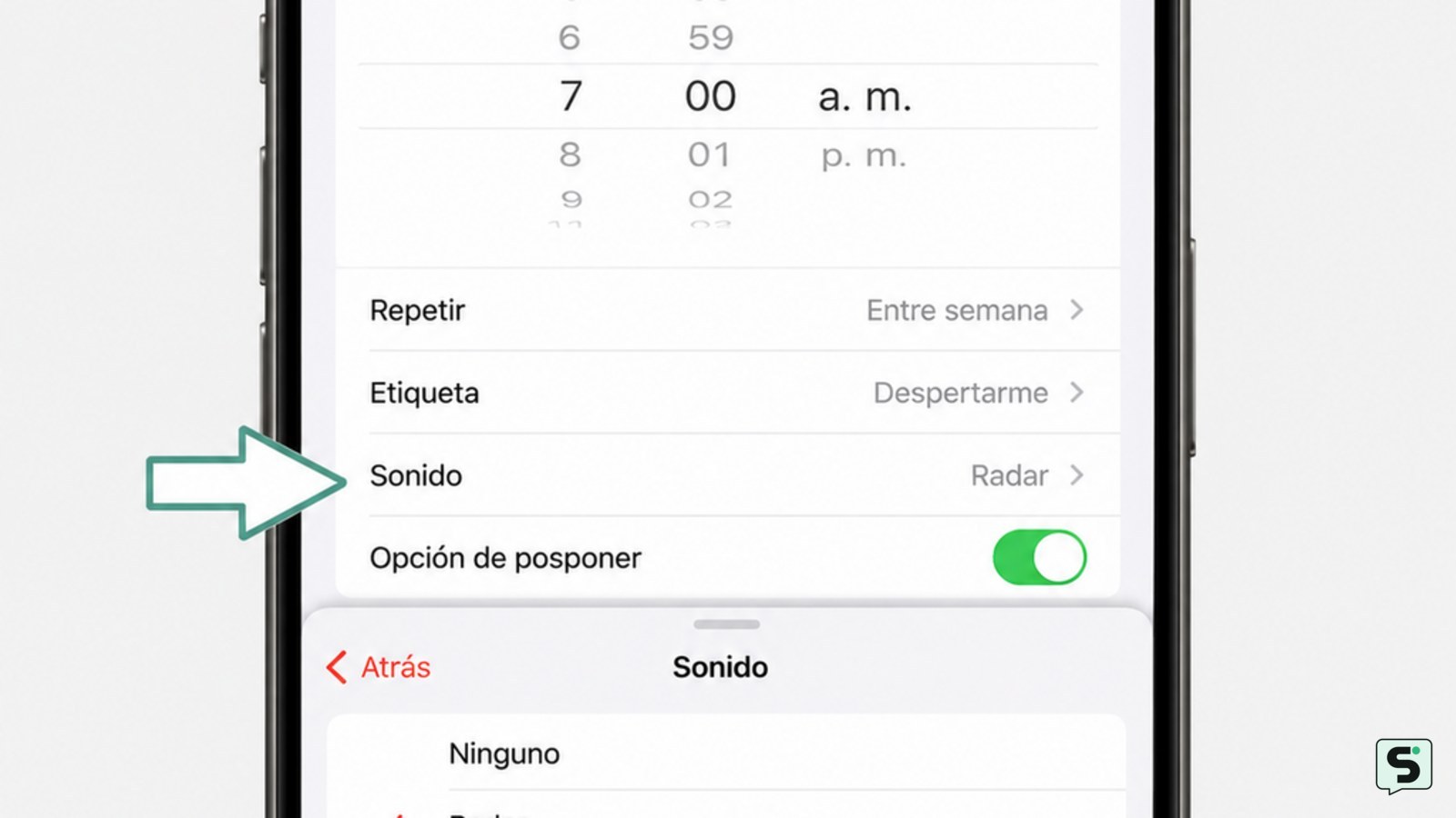 Pantalla de edición de una alarma del iPhone con un tono seleccionado