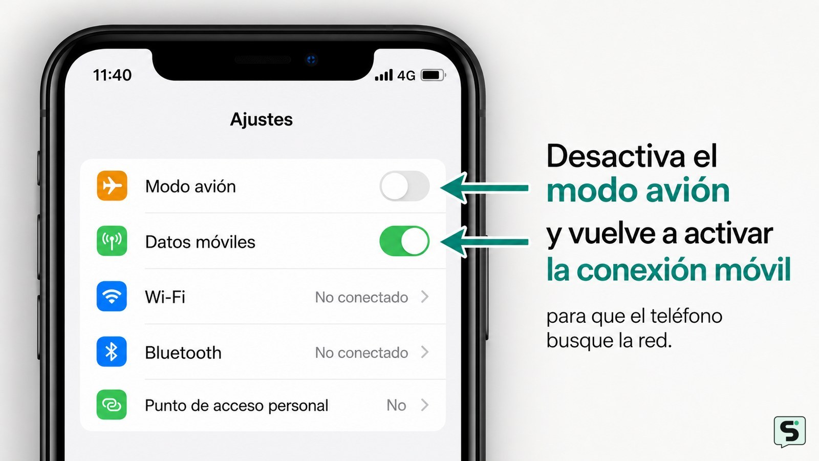 Pantalla de ajustes de un teléfono con modo avión desactivado y conexión móvil activa