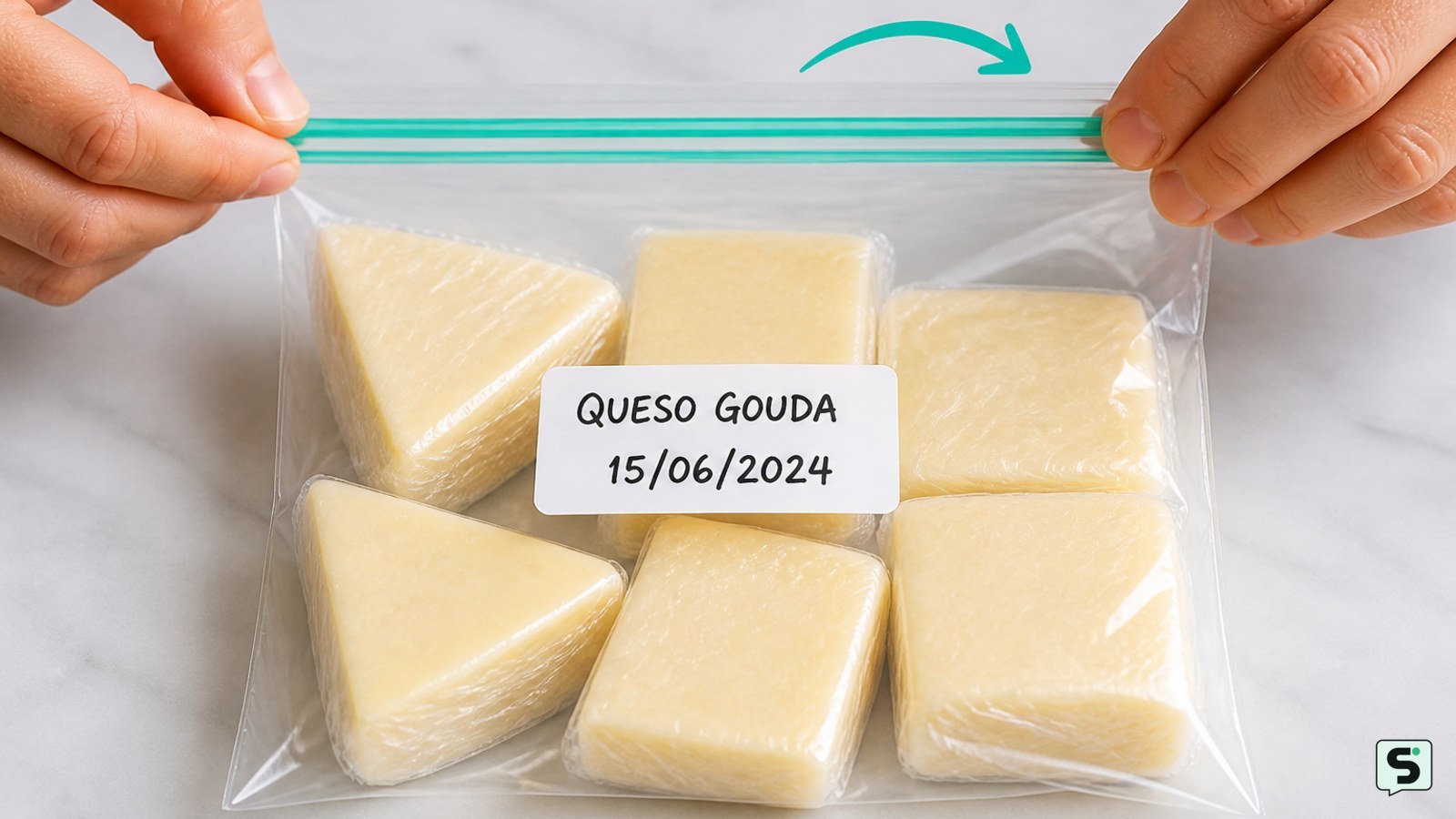 Queso dividido en porciones, envuelto y etiquetado antes de guardarlo en el congelador