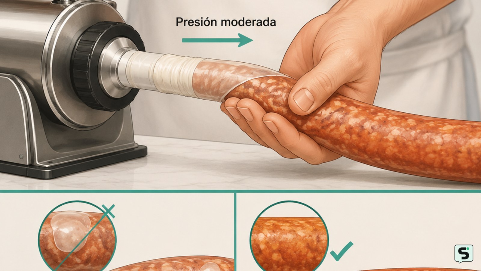 Manos guiando una tripa sobre la boquilla de una embutidora mientras entra la masa de chorizo
