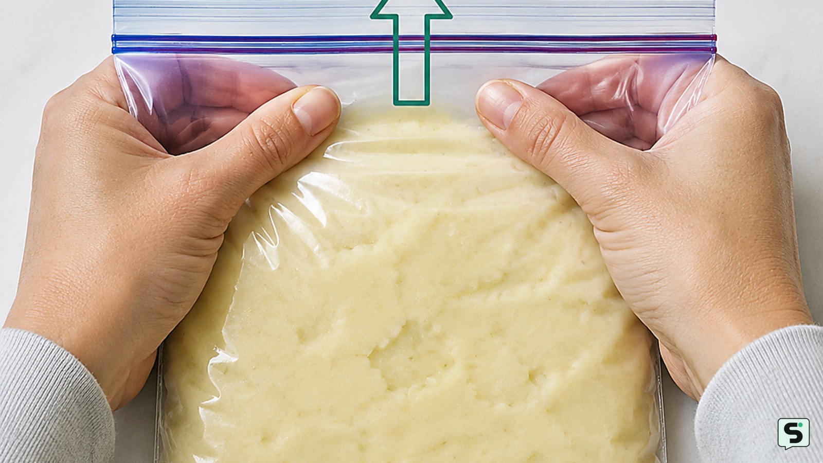 Manos cerrando una bolsa de congelación con puré de patatas y expulsando el aire
